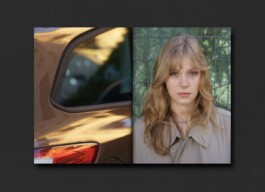 Reproduktion eines Künstlerbuches, zu sehen sind zwei Fotografien jeweils links und rechts vom Buch. Links eine Detailaufnahme eines Autos, die Reflektion in goldener Farbe. Rechts eine Portrait einer jungen blonden Frau, die direkt in die Kamera blickt. 