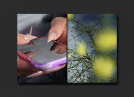 Ausschnitt aus einer Doppelseite eines Künstlerbuches. Links Hände mit langen, spitzen Fingernägeln, die eine Smartphone halten. Rechts die Aufnahme eines Baumes mit gelben Farbklecksen, welche durch die lange Belichtung mit der Kamera entstandne sind. 