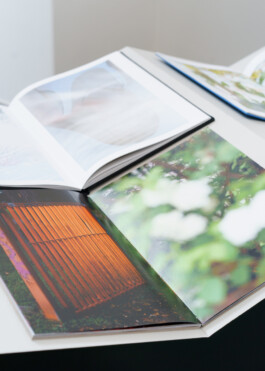 Auf einer weißen Fläche liegen zwei aufgeschlagene Fotobücher. Sie zeigen bunte, unscharfe Naturaufnahmen und einen Holzzaun. Im Hintergrund ist ein weiteres Buch leicht unscharf zu sehen. 